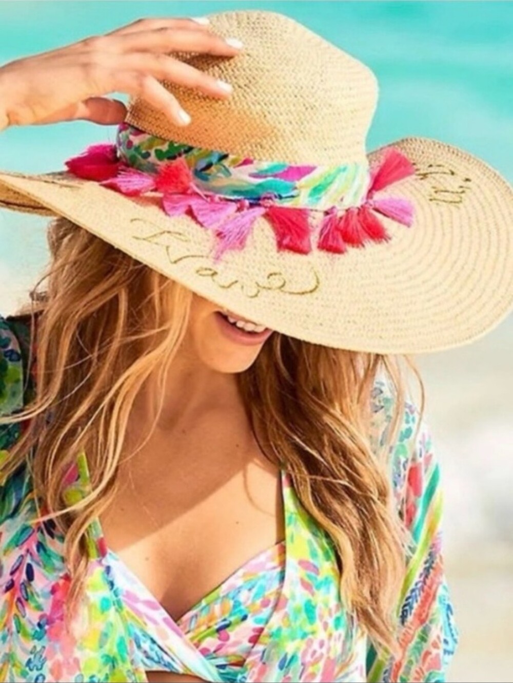 NWOT LILLY PULITZER "Catch The Wave" Sun Goddess Straw Beach Hat HTF
